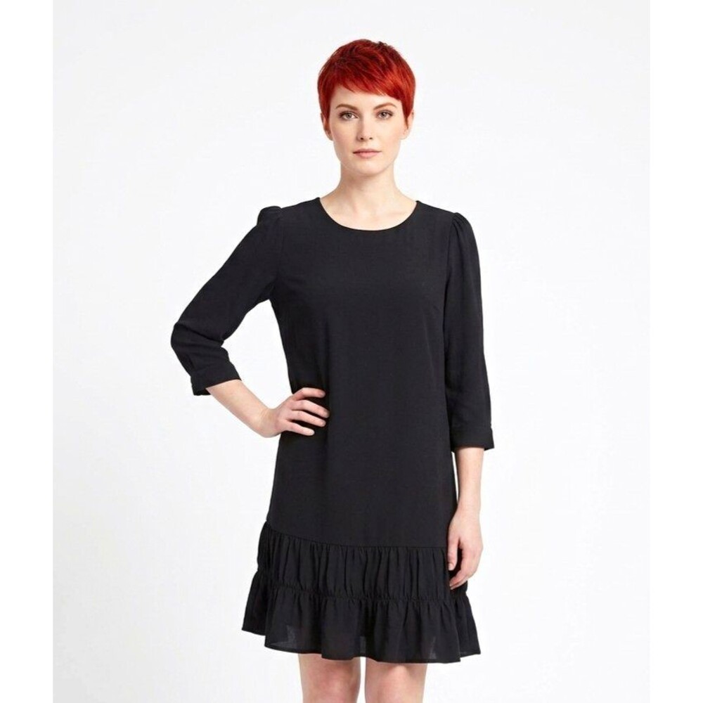 Metaphor Womens Black Shift Dress M Ruffle Hem 3/4 Sl Round Neck Halloween Boho